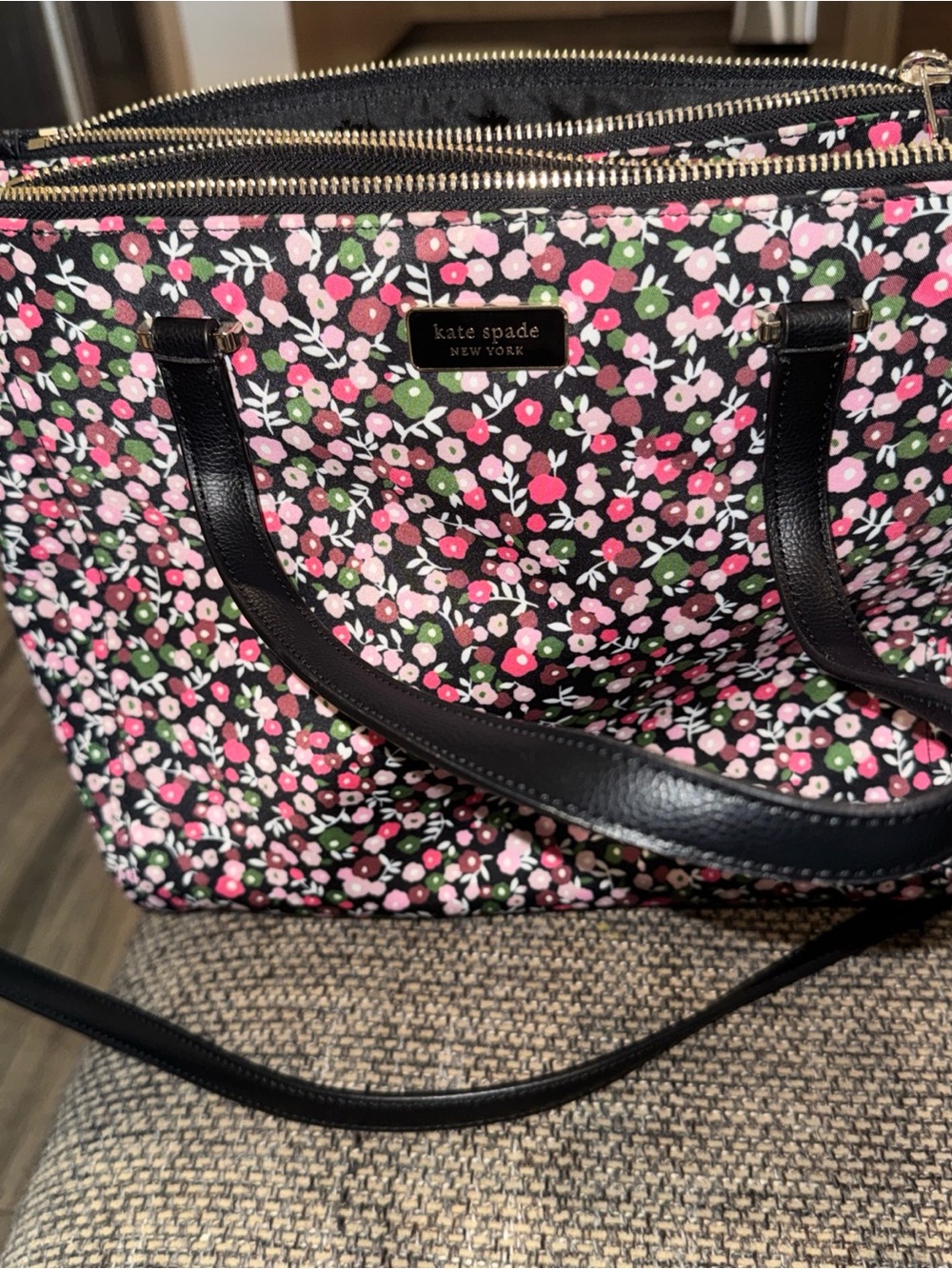 kate spade black floral tote with pink and green blooms